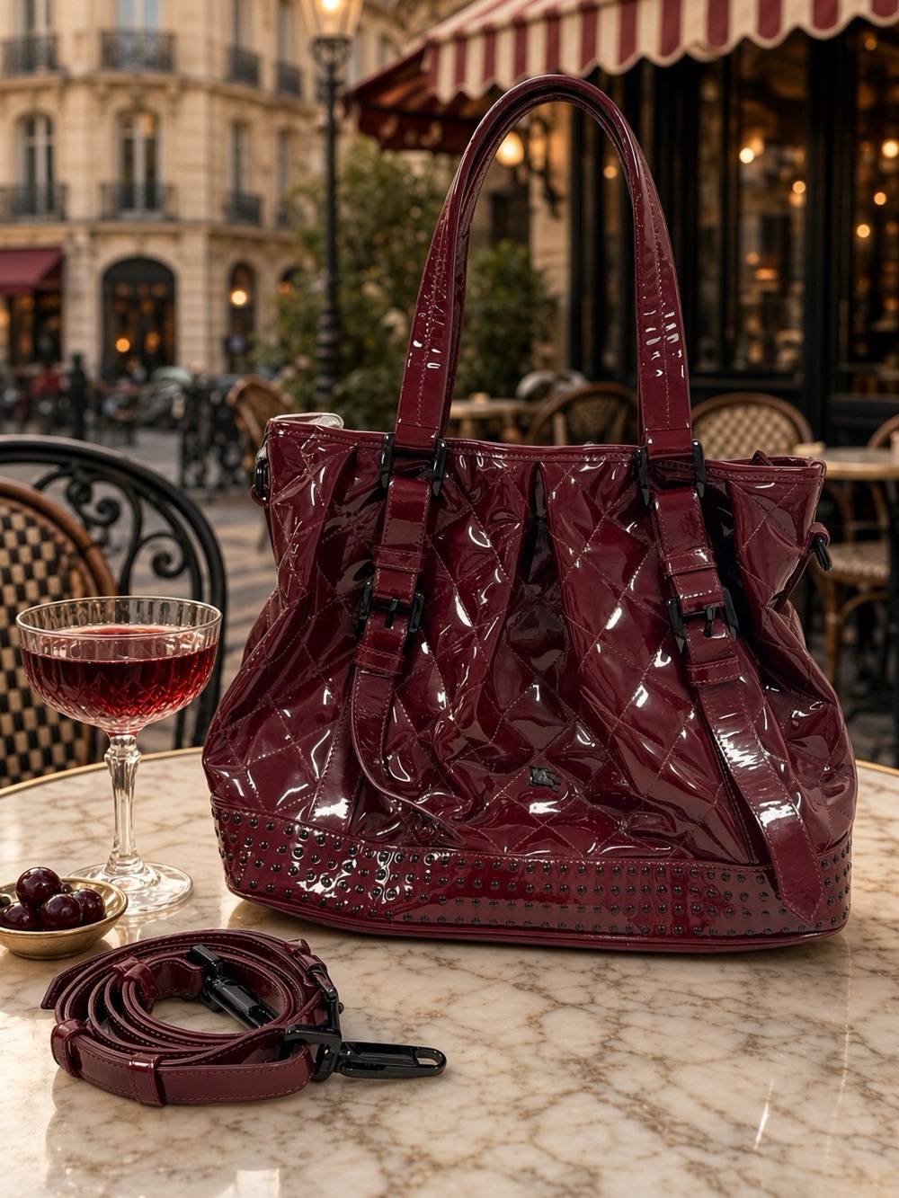 Vintage Burberry Patent Quilted Tote Bag in Deep Burgundy - Women Bags